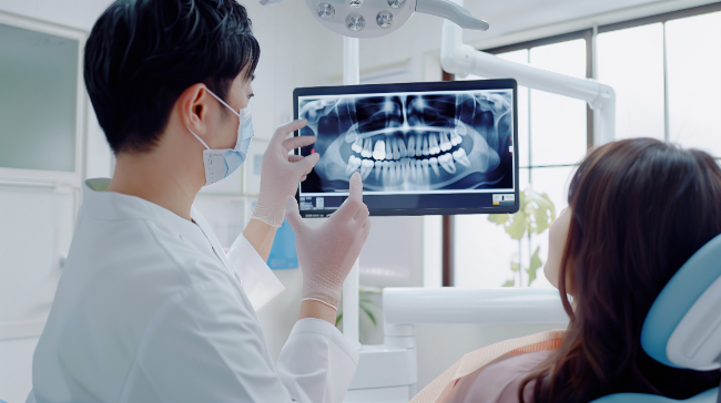 レントゲンを見ながらインプラント治療について説明を受ける様子