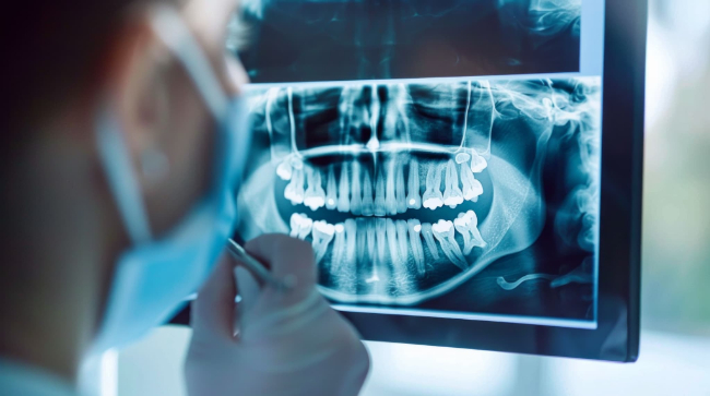 矯正前の患者に虫歯が見つかりレントゲンで詳しく調べている歯科医