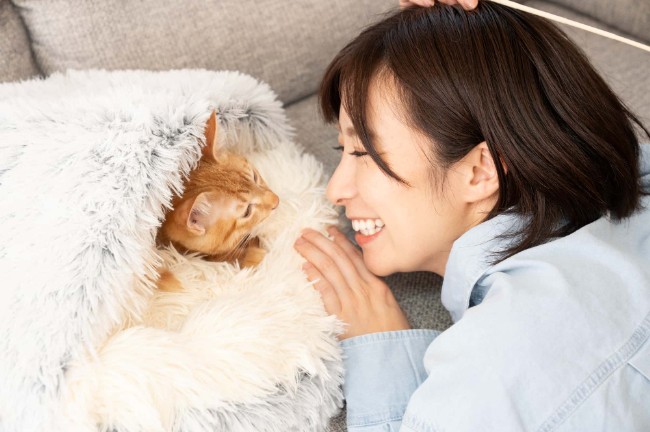 適切なケアで矯正治療が無事に終わり笑顔で愛猫と遊ぶ女性