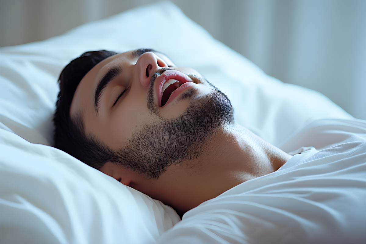 歯並びが悪くなる原因の一つである、口呼吸で寝ている男性