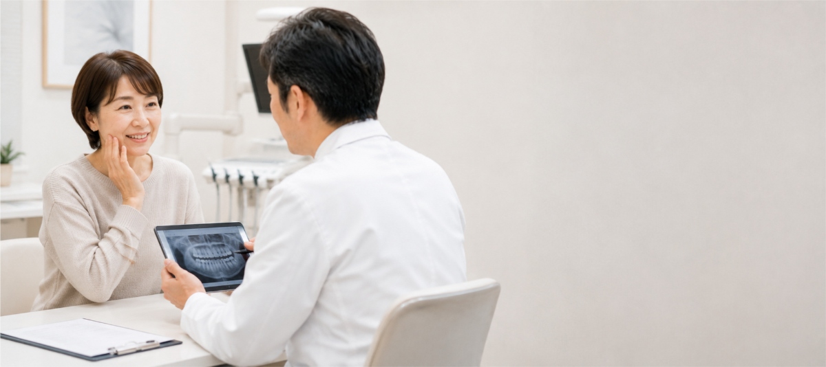 歯のクリーニング中の痛みが不安で相談している様子
